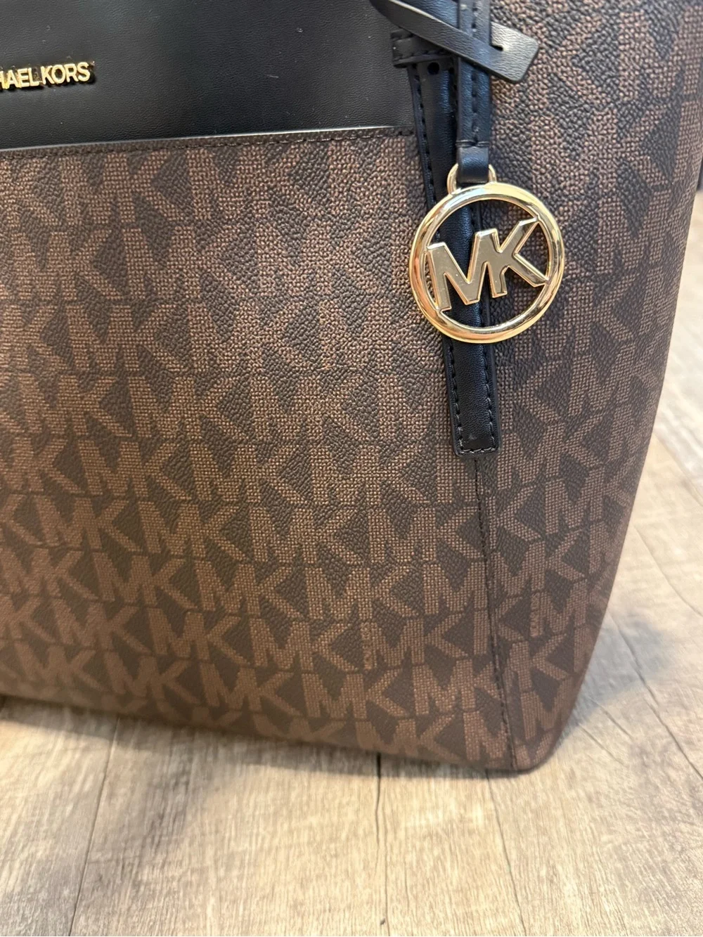 Michael Kors Brown Monogram Tote with Black Trim and Gold Accent